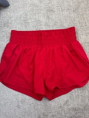 Cara Loren Active High-Rise Red Athletic Shorts with Smocked Waistband - Medium